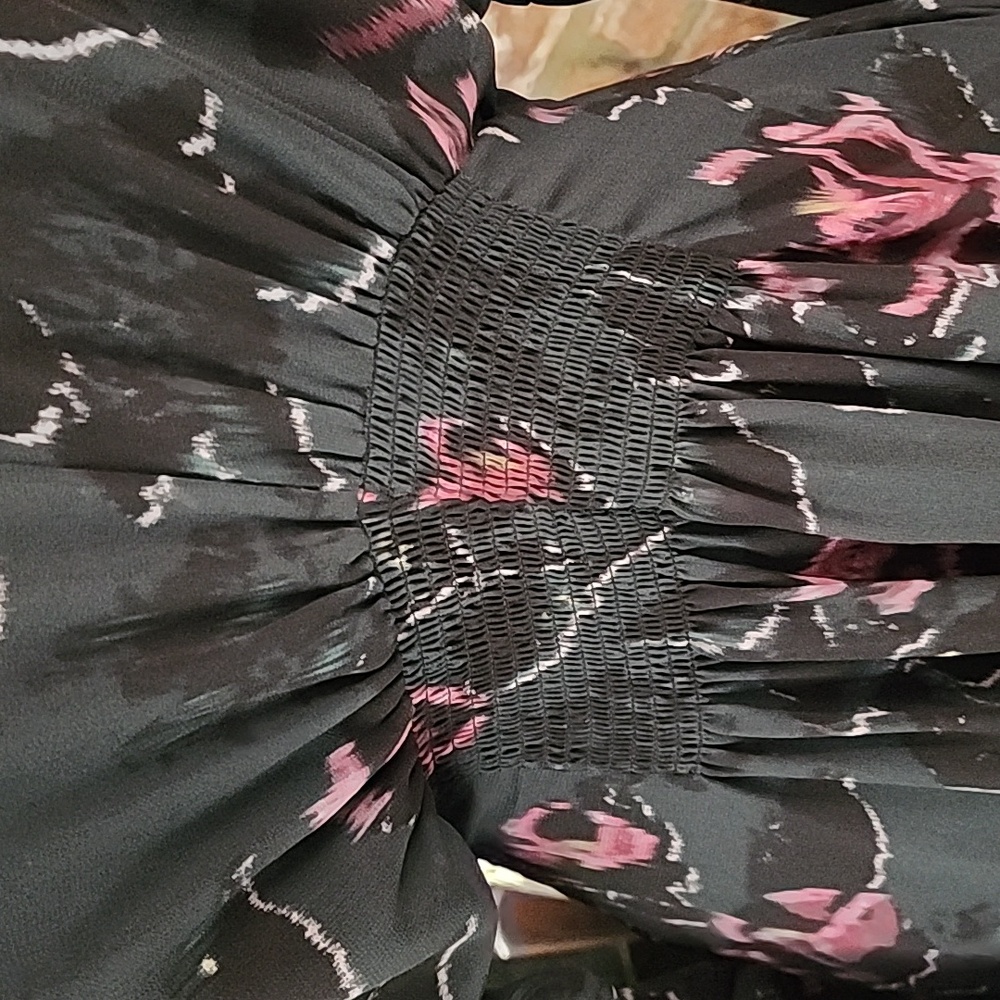 All Saints Nicola Rosalyn Floral Smocked Black and Pink Mini Dress - Picture 6 of 11